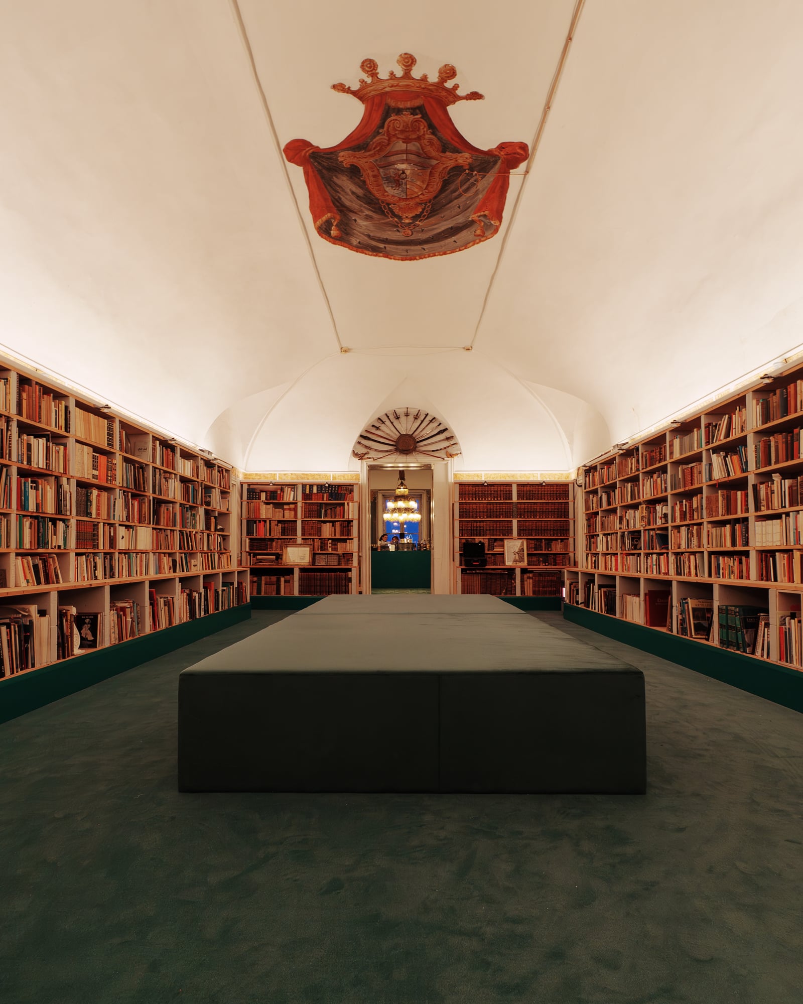 Bibliothèque voûtée aux murs de livres et blason peint au plafond, palais de Palerme